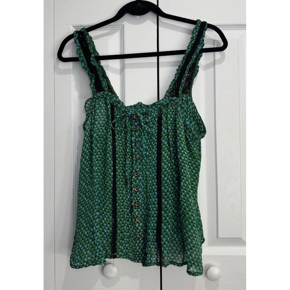 Anthropologie Sleeveless Tank Top Women 8 Green Blue Tie Lace Crochet Preppy
